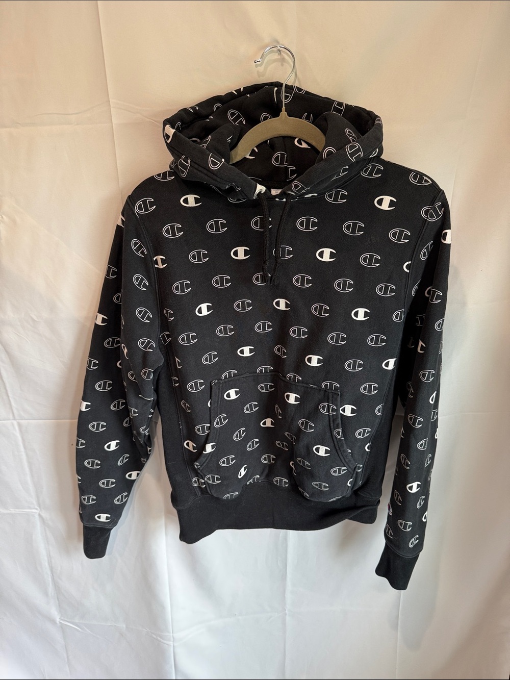 Champion Black Hoodie with White All-Over Logo